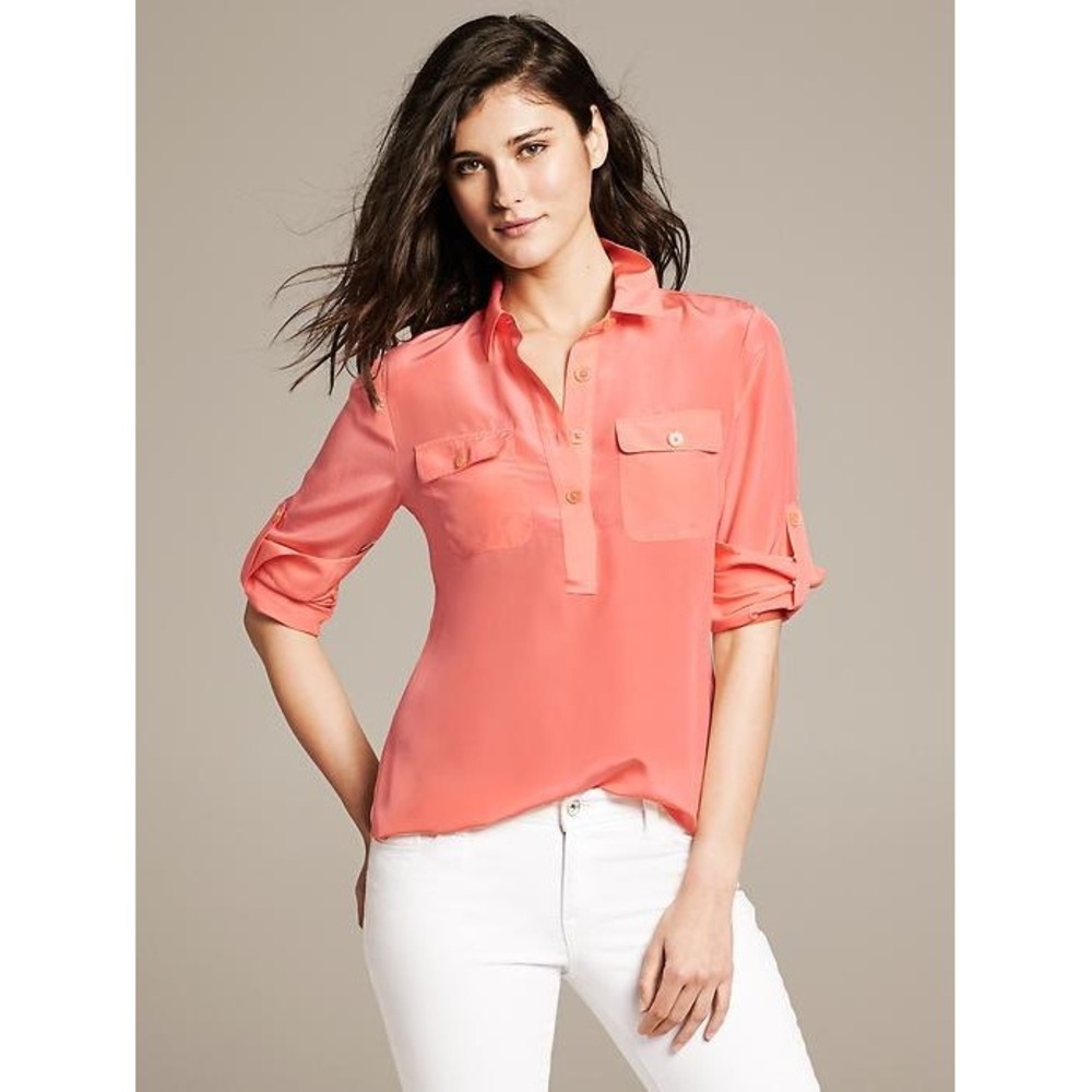 Banana Republic Silk Utility Blouse Cantaloupe Orange Henley Roll Tab XS